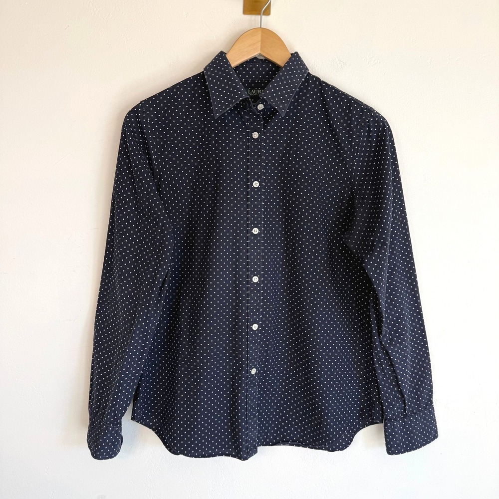 Lauren Ralph Lauren Button Down Shirt M Navy Polka Dot Non Iron Cotton Preppy